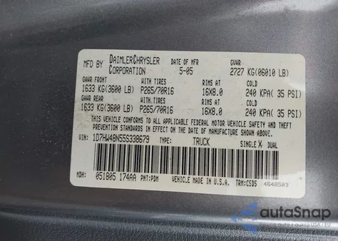 2005 Dodge Dakota Slt z USA, uszkodzony, nr VIN 1D7HW48N55S338679